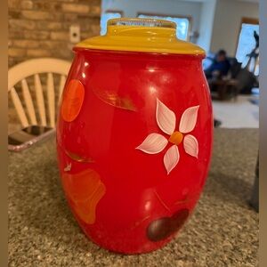 Hand-Painted Red Floral Ceramic Canister with Yellow Lid by Bartlett Collins.